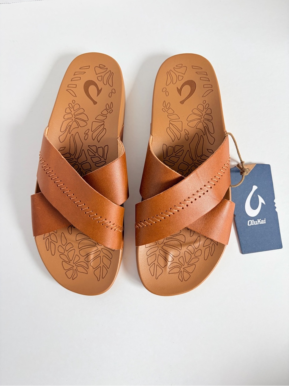 OluKai Kipea Olu Slide Sandals Cross Strap Shoes Cushioned Leather Brown Size 9 - Picture 10 of 15